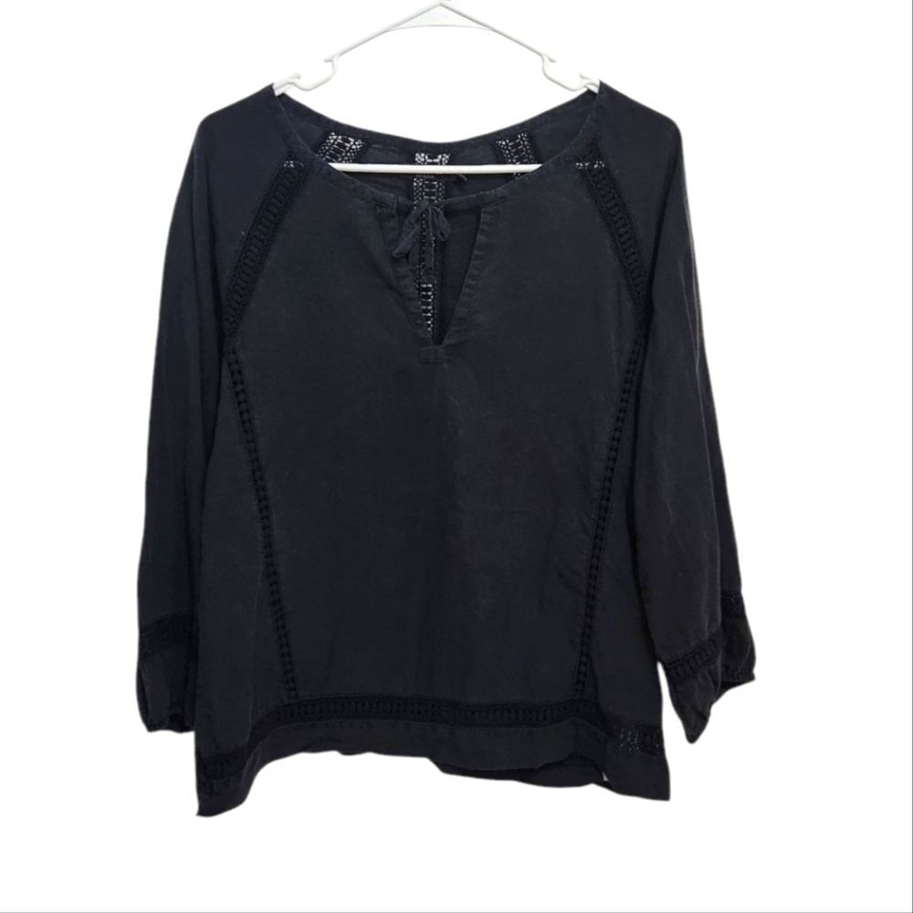 Prana Tacana Boho Peasant Top Black Lace Trim Detail Size S L:ightweight Tencel